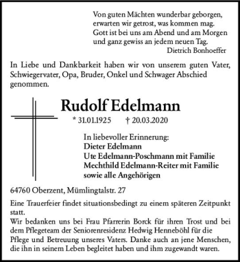Traueranzeige von Rudolf Edelmann von vrm-trauer