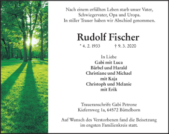 Traueranzeige von Rudolf Fischer von vrm-trauer