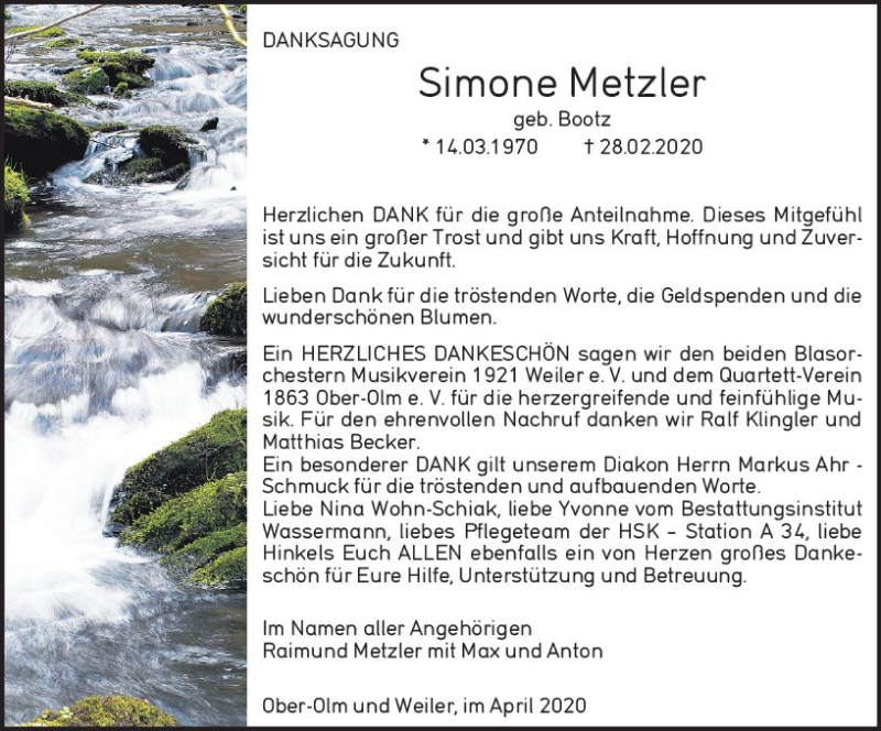  Traueranzeige für Simone Metzler vom 18.04.2020 aus vrm-trauer