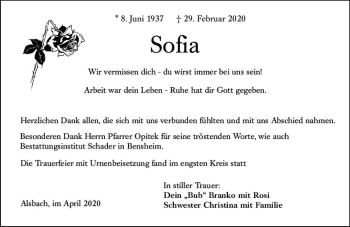 Traueranzeige von Sofia  von vrm-trauer