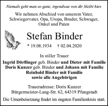 Traueranzeige von Stefan Binder von vrm-trauer
