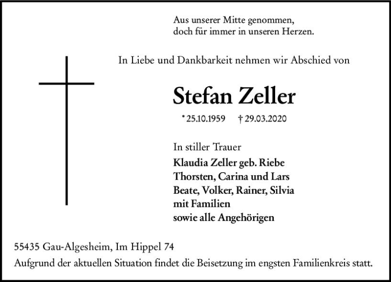  Traueranzeige für Stefan Zeller vom 01.04.2020 aus vrm-trauer
