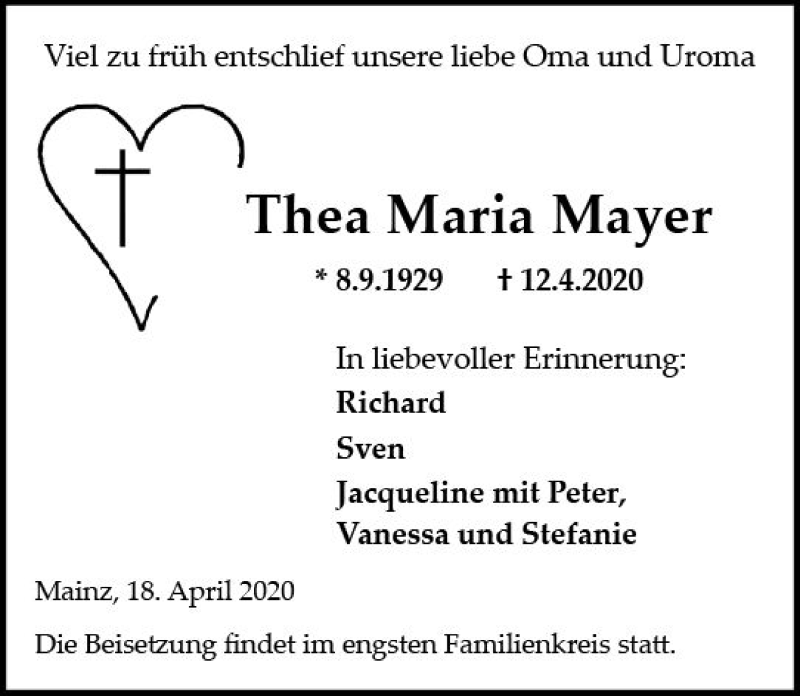  Traueranzeige für Thea Maria Mayer vom 18.04.2020 aus vrm-trauer