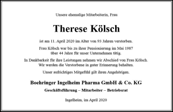 Traueranzeige von Therese Kölsch von vrm-trauer