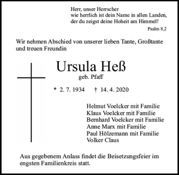 Traueranzeige von Ursula Heß von vrm-trauer