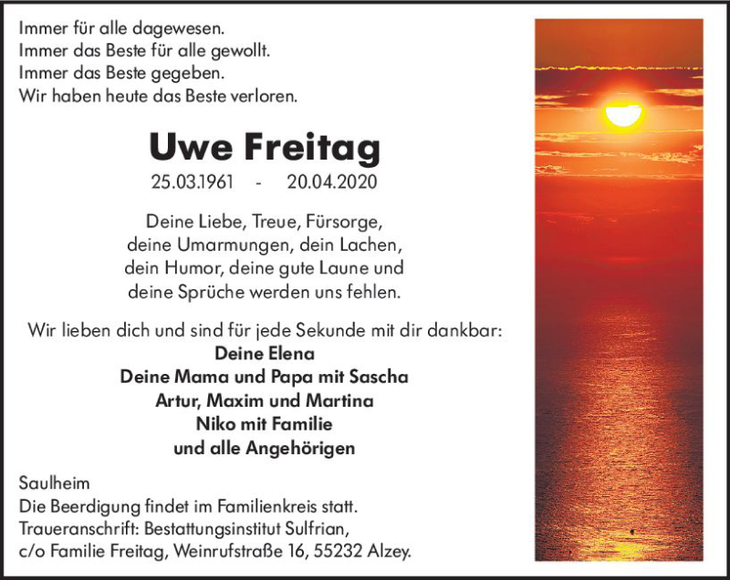  Traueranzeige für Uwe Freitag vom 25.04.2020 aus vrm-trauer