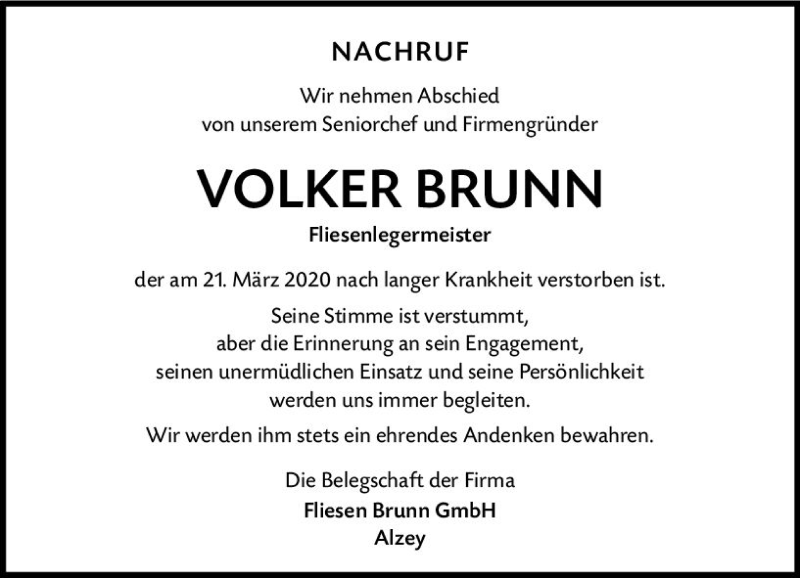  Traueranzeige für Volker Brunn vom 03.04.2020 aus vrm-trauer