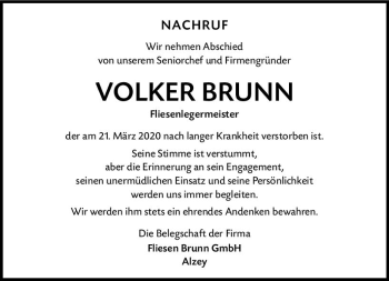 Traueranzeige von Volker Brunn von vrm-trauer