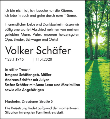 Traueranzeige von Volker Schäfer von vrm-trauer