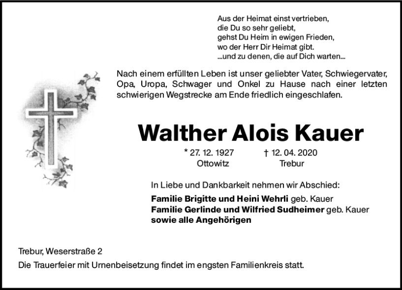  Traueranzeige für Walther Alois Kauer vom 18.04.2020 aus vrm-trauer