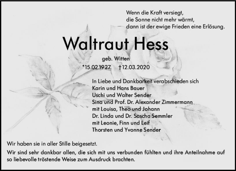 Traueranzeige für Waltraut Hess vom 28.03.2020 aus vrm-trauer
