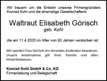 Traueranzeige von Waltraut Elisabeth Görisch von vrm-trauer