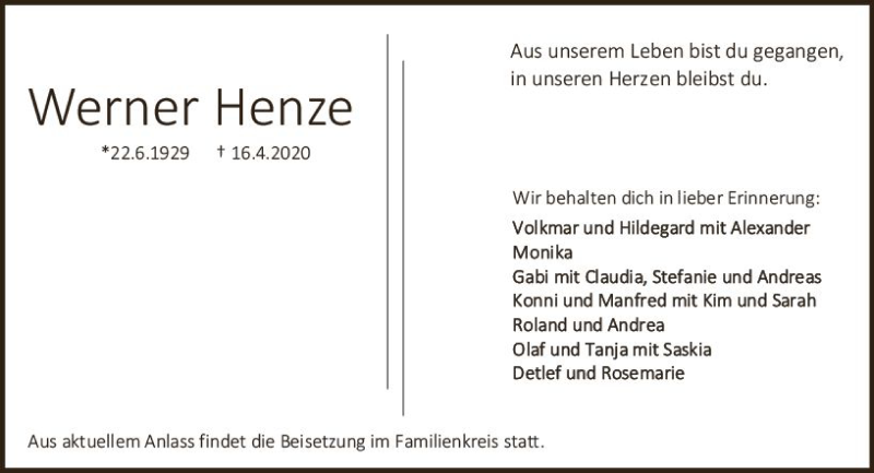  Traueranzeige für Werner Henze vom 25.04.2020 aus vrm-trauer