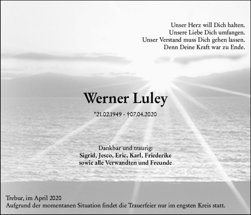  Traueranzeige für Werner Luley vom 18.04.2020 aus vrm-trauer