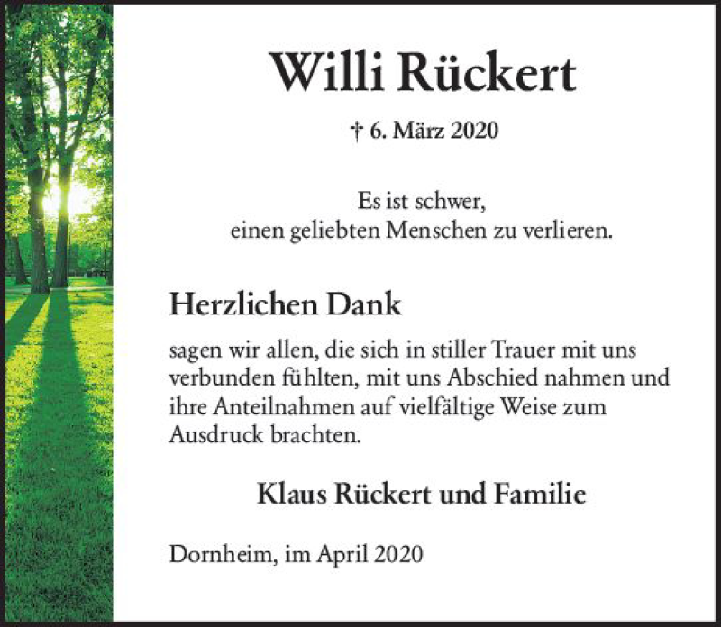  Traueranzeige für Willi Rückert vom 04.04.2020 aus vrm-trauer