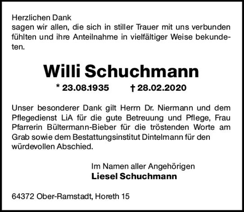  Traueranzeige für Willi Schuchmann vom 25.04.2020 aus vrm-trauer