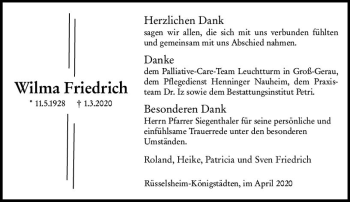 Traueranzeige von Wilma Friedrich von vrm-trauer
