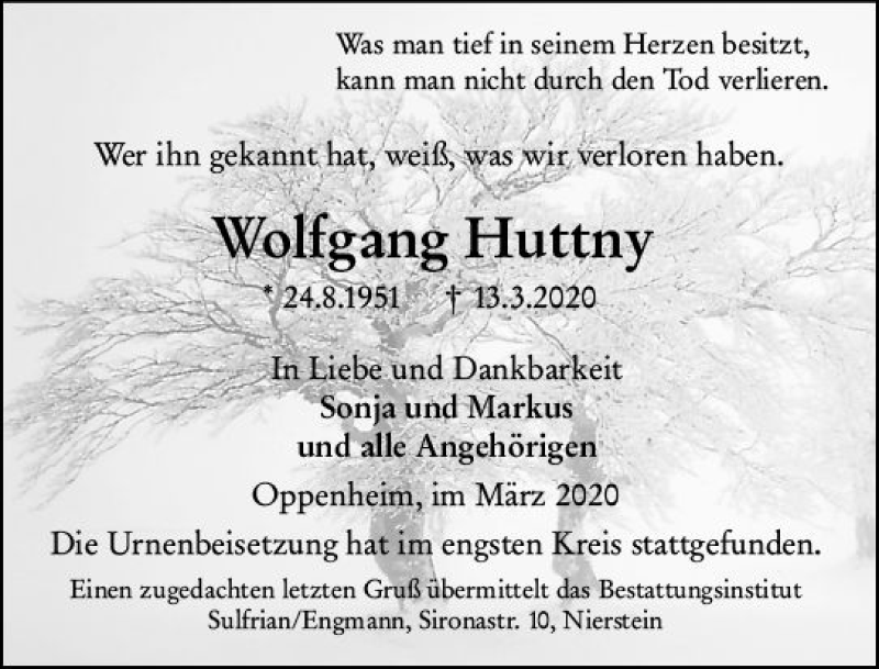  Traueranzeige für Wolfgang Huttny vom 28.03.2020 aus vrm-trauer