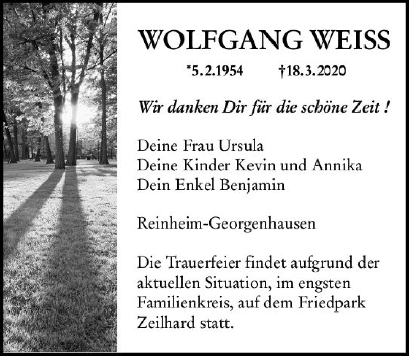  Traueranzeige für Wolfgang Weiss vom 28.03.2020 aus vrm-trauer