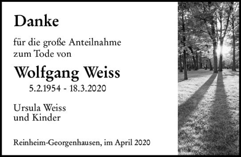  Traueranzeige für Wolfgang Weiss vom 11.04.2020 aus vrm-trauer