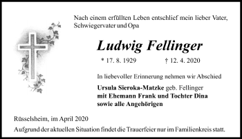 Traueranzeige von Ludwig Fellinger von VRM-TRAUER