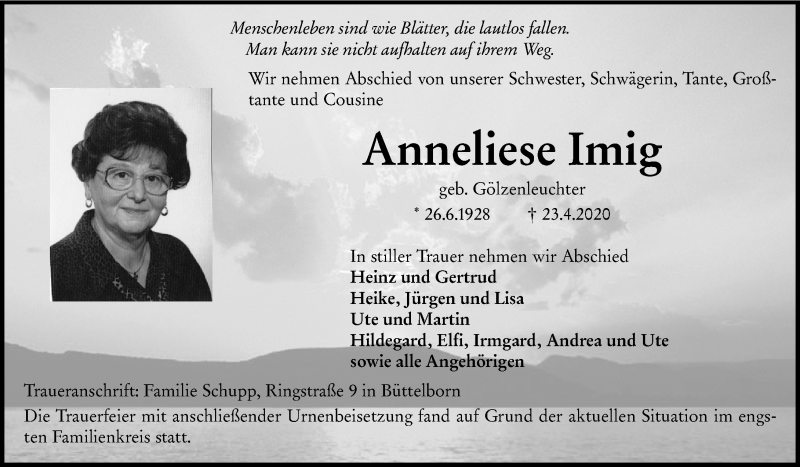  Traueranzeige für Anneliese Imig vom 09.05.2020 aus VRM Tageszeitungen