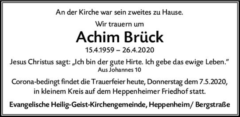  Traueranzeige für Achim Brück vom 07.05.2020 aus vrm-trauer