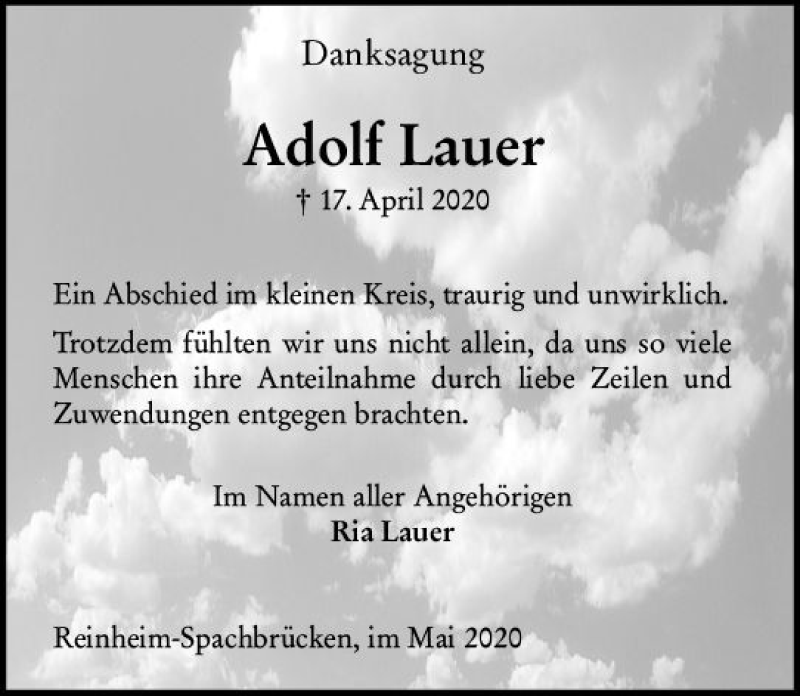  Traueranzeige für Adolf Lauer vom 16.05.2020 aus vrm-trauer
