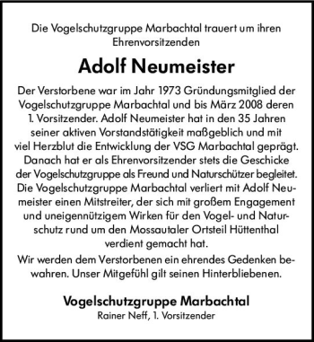 Traueranzeige von Adolf Neumeister von vrm-trauer