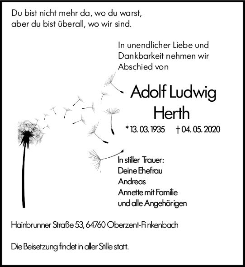  Traueranzeige für Adolf Ludwig Herth vom 09.05.2020 aus vrm-trauer