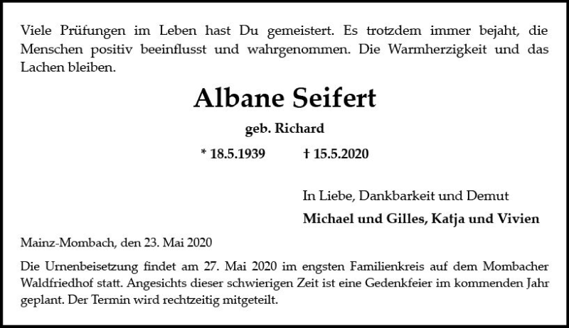  Traueranzeige für Albane Seifert vom 23.05.2020 aus vrm-trauer