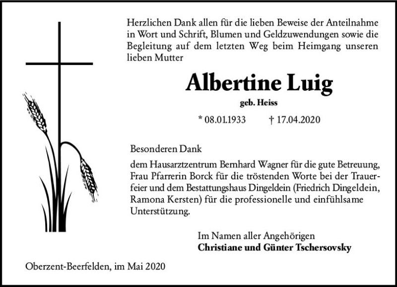  Traueranzeige für Albertine Luig vom 29.05.2020 aus vrm-trauer