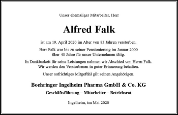 Traueranzeige von Alfred Falk von vrm-trauer