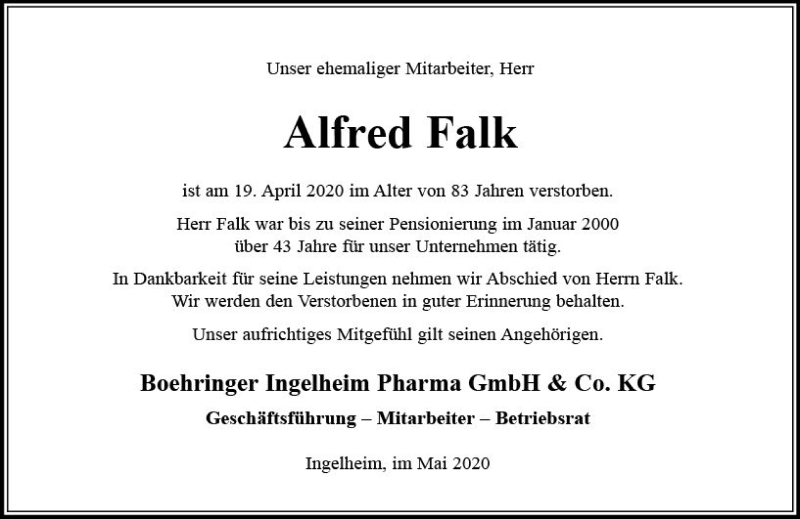  Traueranzeige für Alfred Falk vom 06.05.2020 aus vrm-trauer