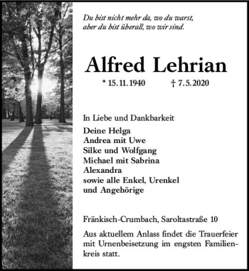 Traueranzeige von Alfred Lehrian von vrm-trauer