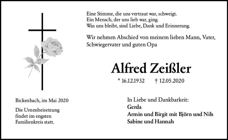  Traueranzeige für Alfred Zeißler vom 16.05.2020 aus vrm-trauer
