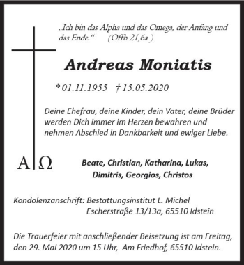 Traueranzeige von Andreas Moniatis von vrm-trauer