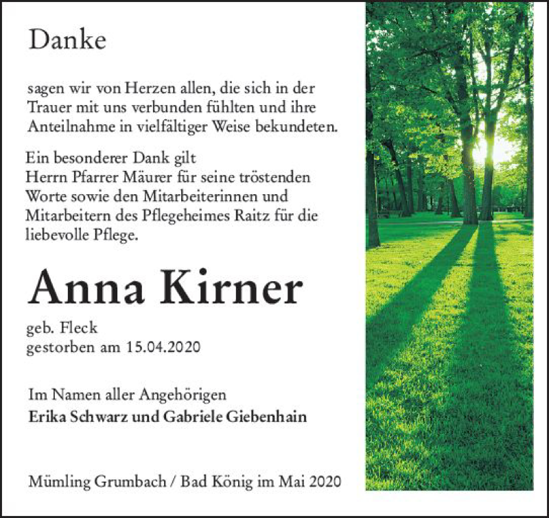  Traueranzeige für Anna Kirner vom 16.05.2020 aus vrm-trauer