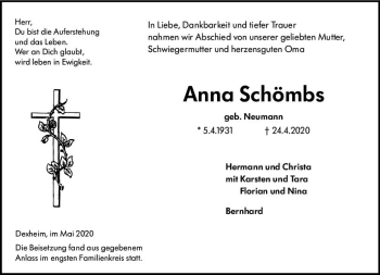 Traueranzeige von Anna Schömbs von vrm-trauer