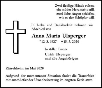 Traueranzeige von Anna Maria Ulsperger von vrm-trauer