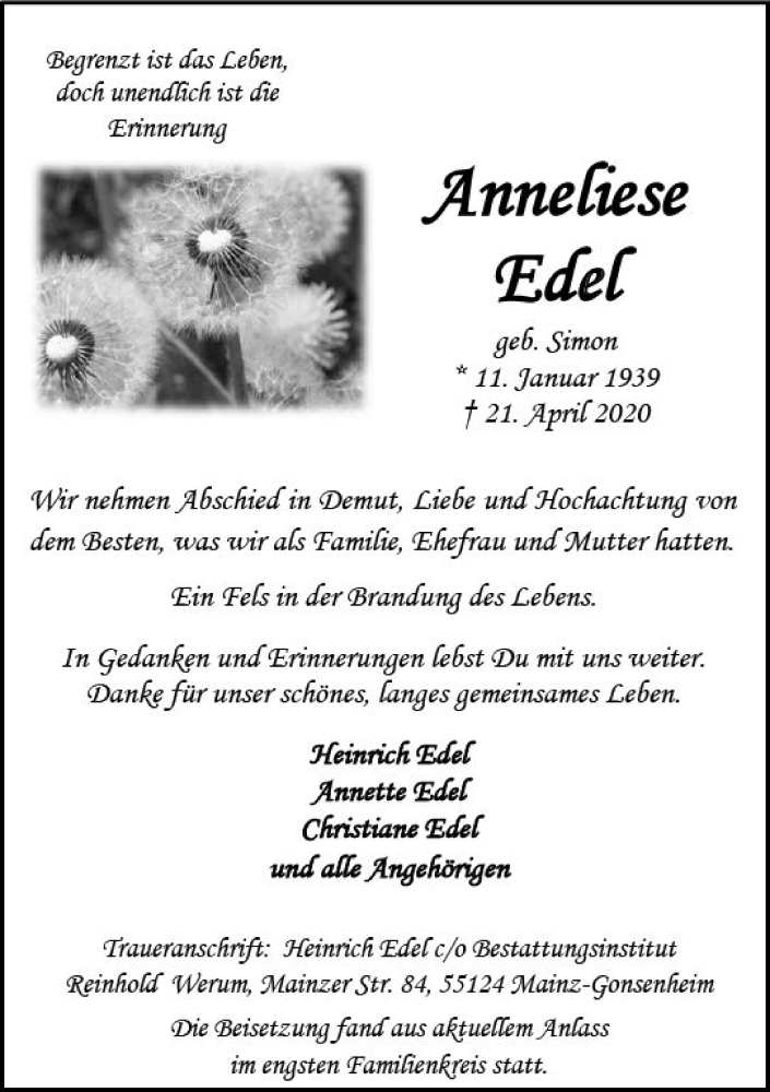  Traueranzeige für Anneliese Edel vom 09.05.2020 aus vrm-trauer