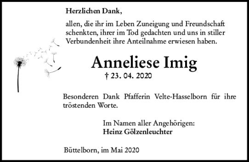  Traueranzeige für Anneliese Imig vom 23.05.2020 aus vrm-trauer