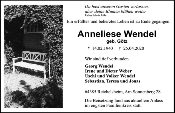 Traueranzeige von Anneliese Wendel von vrm-trauer