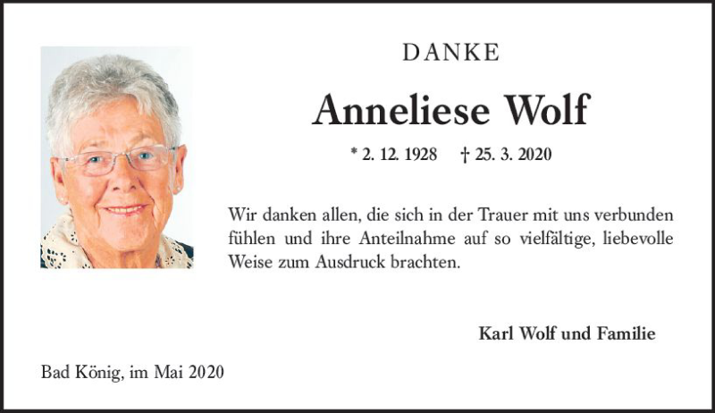 Traueranzeige für Anneliese Wolf vom 02.05.2020 aus vrm-trauer