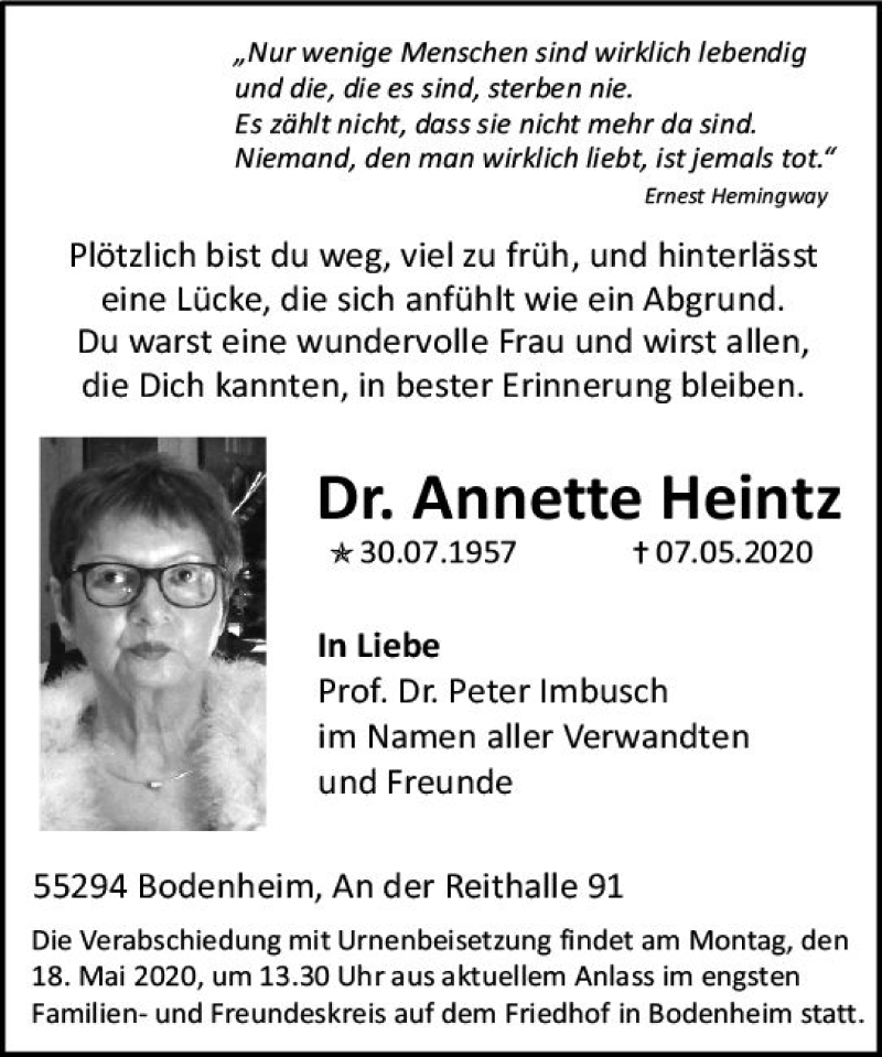  Traueranzeige für Annette Heintz vom 12.05.2020 aus vrm-trauer