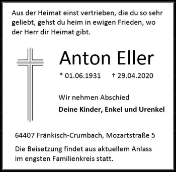 Traueranzeige von Anton Eller von vrm-trauer