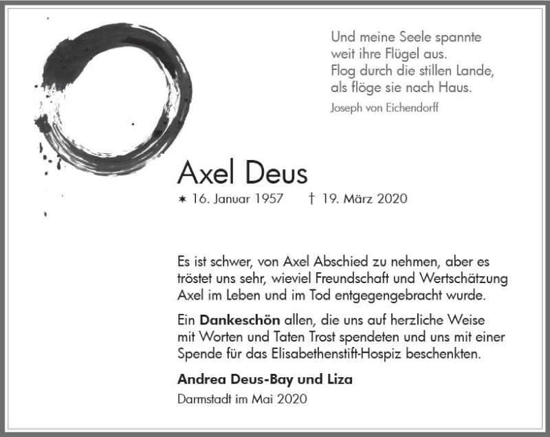  Traueranzeige für Axel Deus vom 09.05.2020 aus vrm-trauer