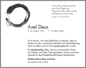 Traueranzeige von Axel Deus von vrm-trauer