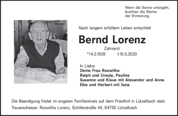 Traueranzeige von Bernd Lorenz von vrm-trauer