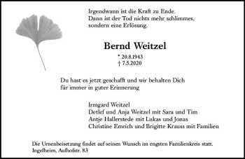 Traueranzeige von Bernd Weitzel von vrm-trauer